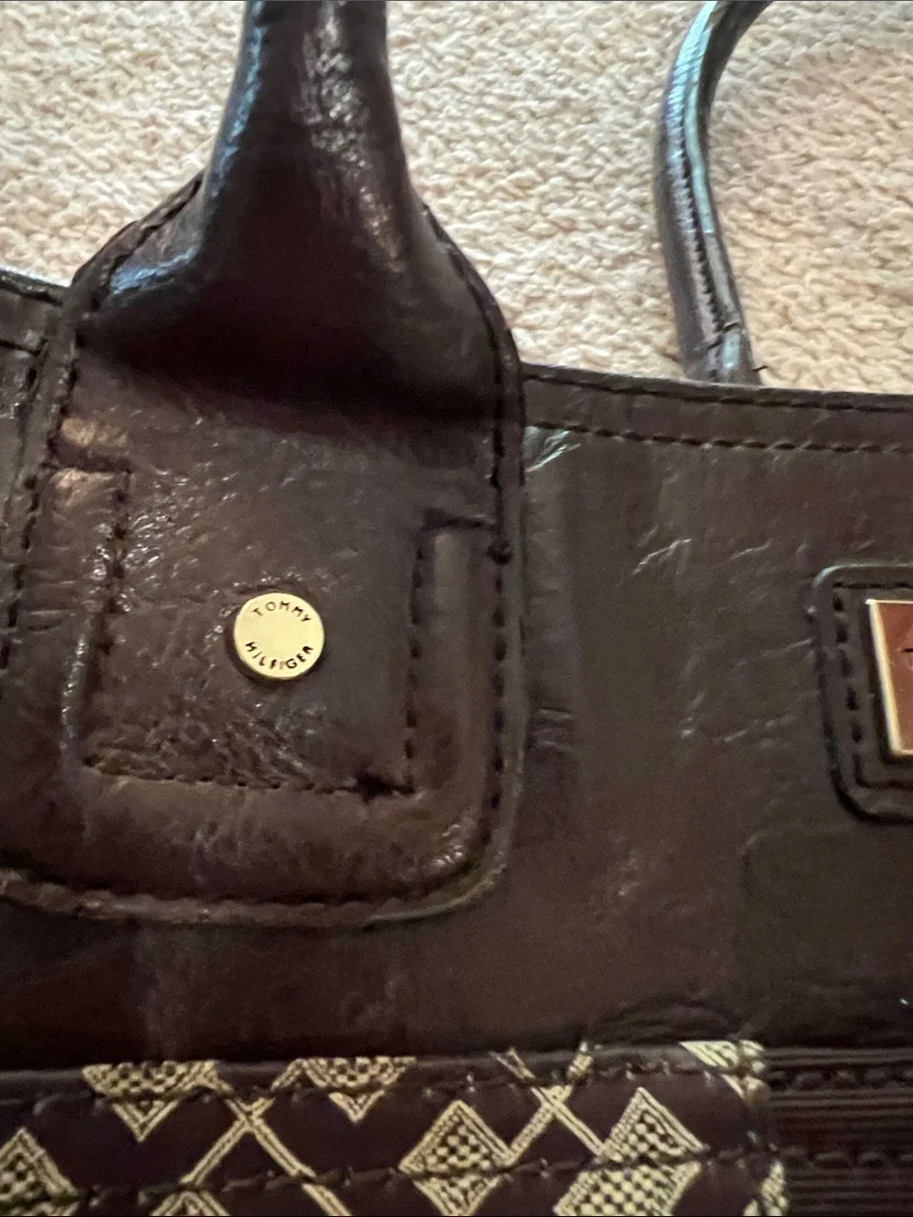 Tommy Hilfiger Brown and Cream Signature Stripe Tote